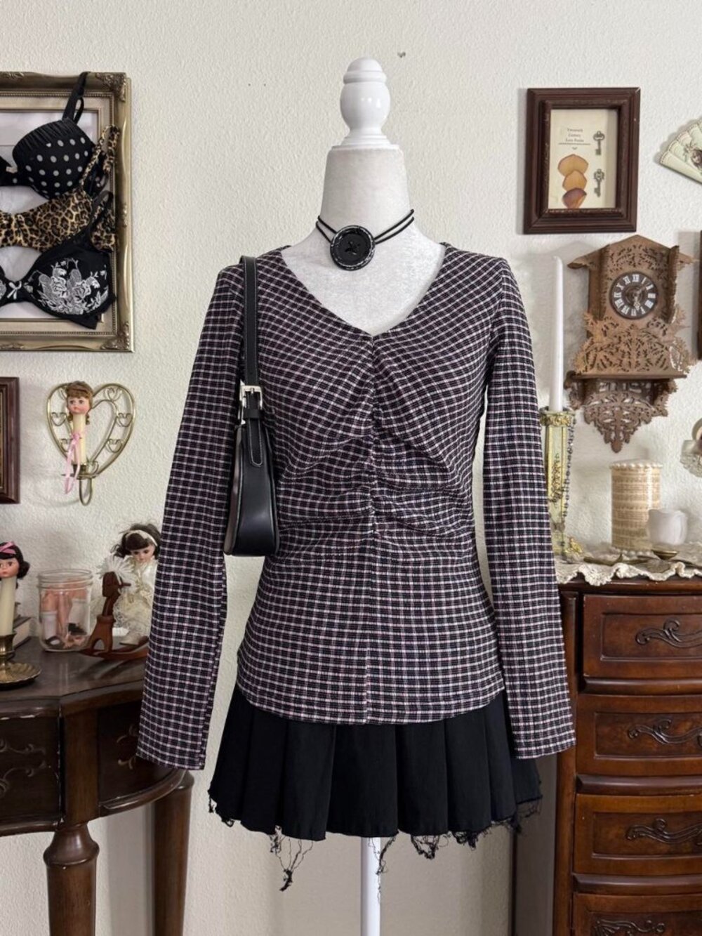 Girly grunge black and pink plaid ruched long sleeve top